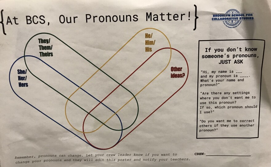 A poster, part of a lesson that Milo Chesnut's school did at the beginning of the year. All students shared their pronouns and then teachers and staff learned the pronouns.