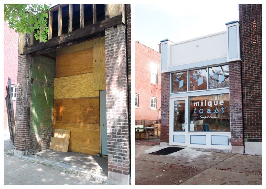 Before and after its facelift: Milque Toast Bar, 2212 S. Jefferson Ave., received a Community Development Block Grant to improve its facade.