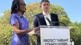 Alisa Simmons and James Talarico speaking outside the University of Texas at Arlington on August 30, 2026.