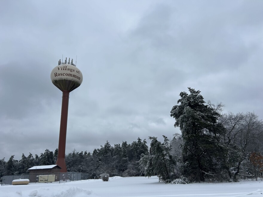 The village of Roscommon water tower on March 18, 2026, days after a major ice storm caused 90% of Roscommon County utility customers to lose power.