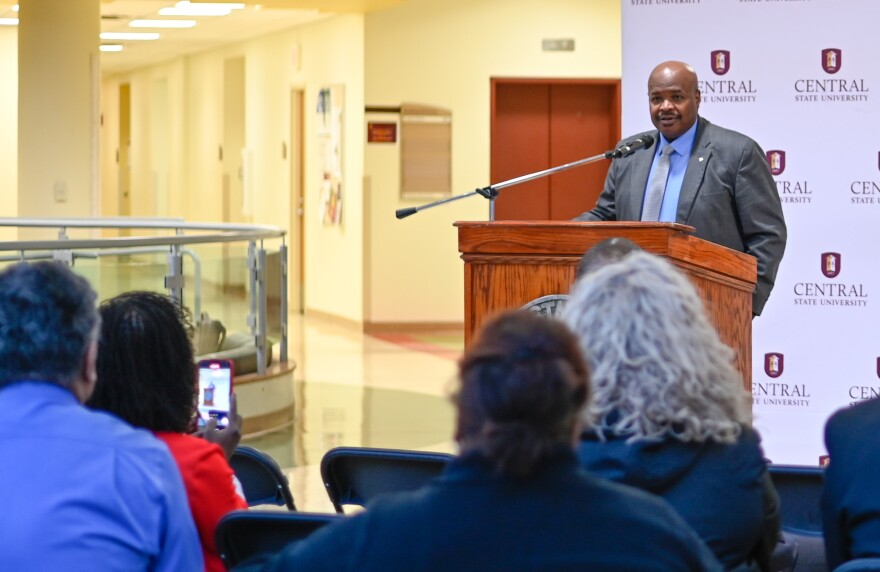 Natural Resources Conservation Service Chief Terry Cosby announces a $4.9 million project with Central State University through the USDA's Partnerships fo Climate Smart Commodities effort. NRCS photo by Brooke DeCubellis.