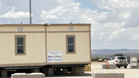 A Barnard Construction staging site in Hudspeth County, Texas pictured in June 2026. Barnard is one of three companies awarded millions of dollars in federal contracts for border wall building in the Big Bend region.