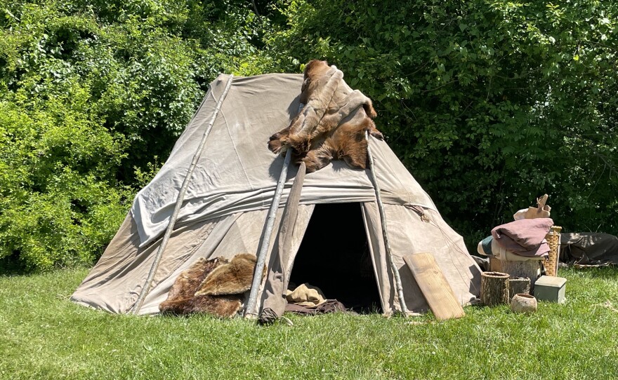 An authentic Abenaki dwelling, made from animal hides and canvas.
