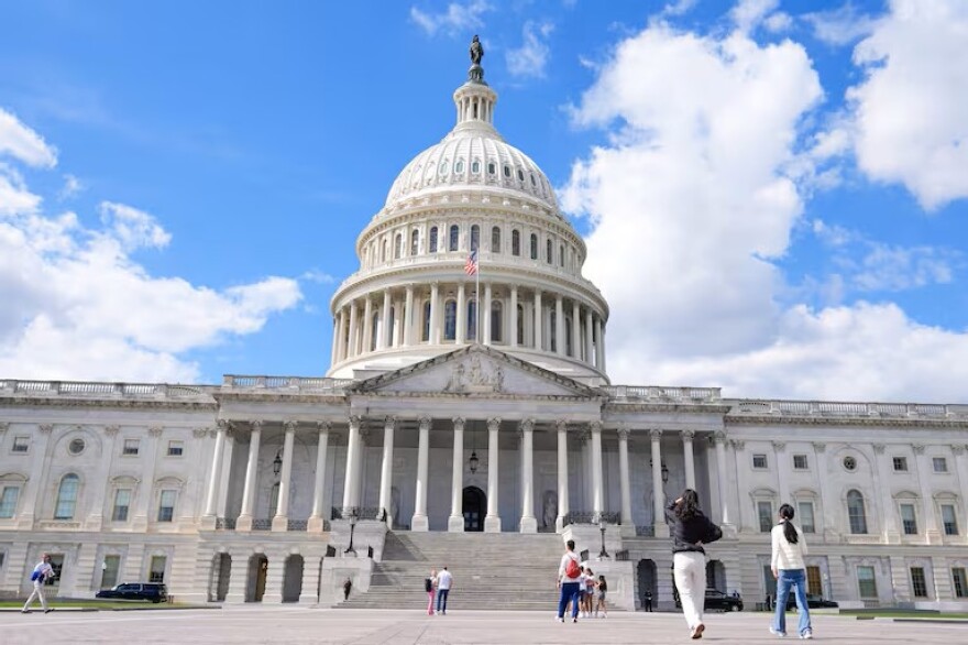 People walk up the steps toward the U.S. Capitol building in Washington, D.C. in front of a blue sky with clouds.