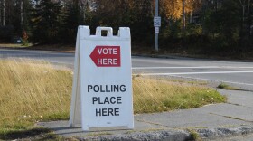 A sandwich board sign marks the entrance to a polling place on Tuesday, Oct. 7, 2025 in Soldotna, Alaska.