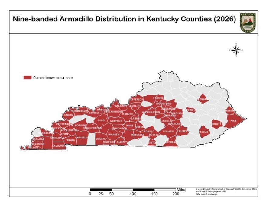 A map showing counties in Kentucky where armadillos have been found.