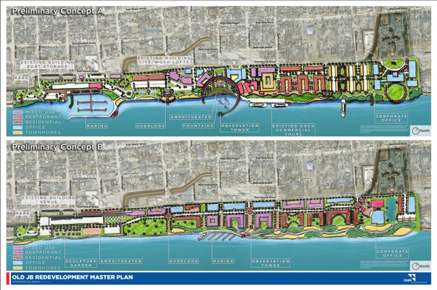 Planners presented two preliminary design concepts for redevelopment of the former Jeffboat shipyard in Jeffersonville this week.