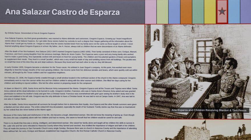 An essay written by Erlinda Huizar, descendant of Ana Salazar Castro de Esparza, sits on display during an exhibit hosted by The Mexican American Museum of Texas at The Hall of State at Fair Park in Dallas, Wednesday, March 8, 2023. Ana Esparza tended to injured soldiers during The Battle of the Alamo as her husband Gregorio Esparza fought for the Texas cause.