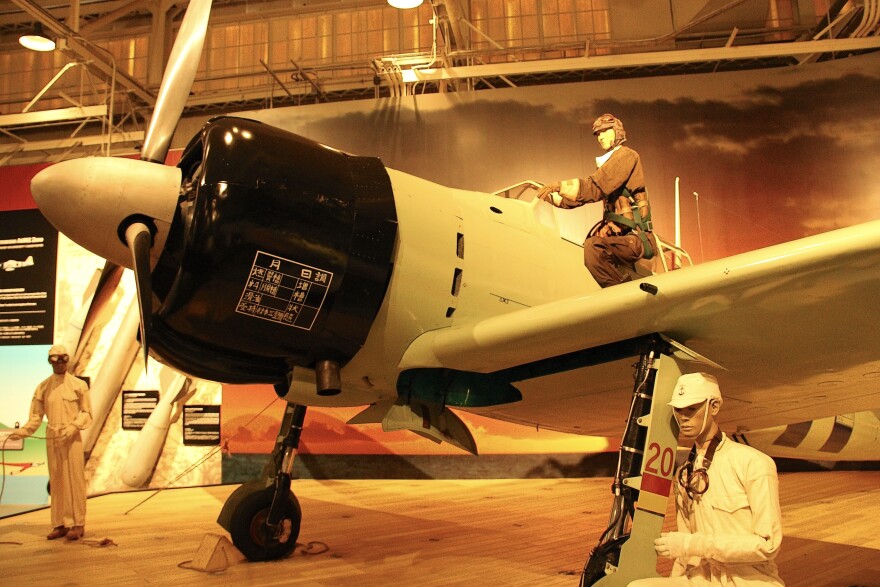 A Japanese Zero, like the one on display at the Pearl Harbor Aviation Museum on Ford Island, crashed into the USS Missouri, fortunately with little damage and no onboard deaths.