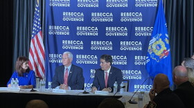 Former Vice President Mike Pence sat between GOP governor candidate Rebecca Kleefisch (left) and former governor Scott Walker during a law enforcement round table discussion in Pewaukee on Wednesday.
