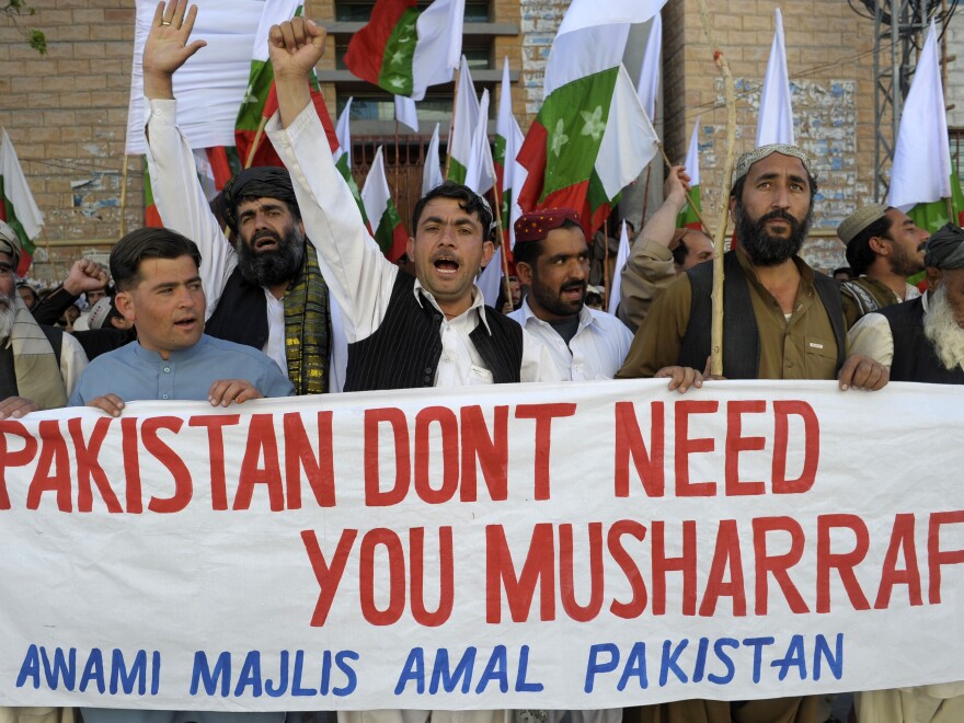 Pakistanis in Quetta protest against former military ruler Pervez Musharraf on March 24, the day Musharraf returned home after more than four years in exile. But his attempt to stand in upcoming elections is facing multiple legal challenges.