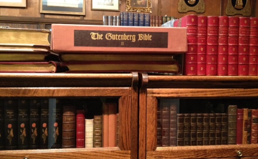 Box holding 1961 copy of Gutenberg Bible at Cozzi's book store