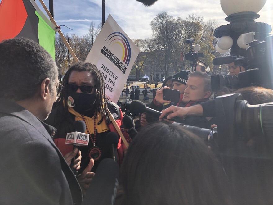 Justin Blake speaks to reporters after the Rittenhouse verdict is announced. Justin Blake is the uncle of Jacob Blake Jr., who was shot and wounded by a Kenosha police officer last year, setting off the protests and unrest where Kyle Rittenhouse killed two people and injured another.