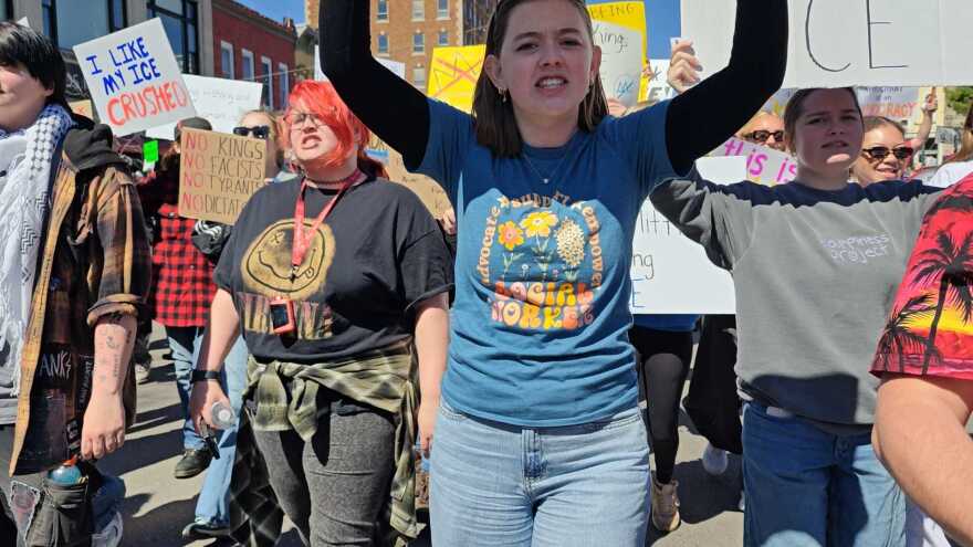 Bloomington protesters briefly stopped traffic on College Avenue at the third "No Kings" rally against the Trump administration.