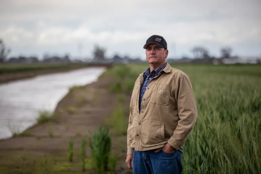 A man standing in a field near a canal, looking off into the distance.