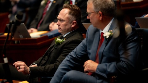 Missouri State Rep. Justin Sparks, R-Wildwood, reacts after losing the house speaker’s race during the first day of the Missouri legislative session on Wednesday, Jan. 8, 2025, in Jefferson City.