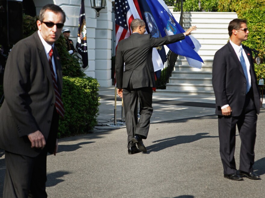 U.S. Secret Service agents shadow President Barack Obama after he finishes kicking off the Wounded Warrior Project's Soldier Ride on the South Lawn of the White House April 20, 2012 in Washington, D.C.