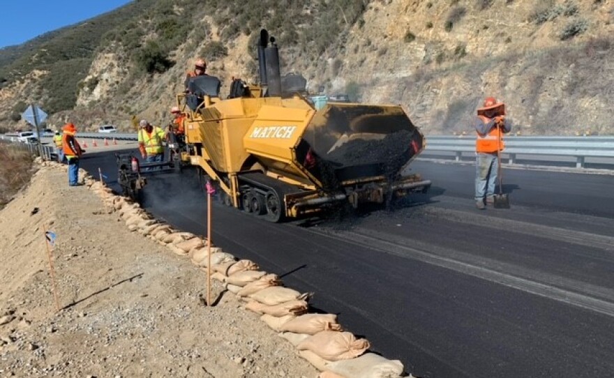 Caltrans workers seen repaving the southbound section of State Route 18 near Crestline.