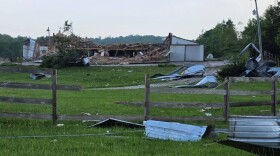 Damage to the barn at People and Animal Learning Services west of Bloomington from Friday night's storms.