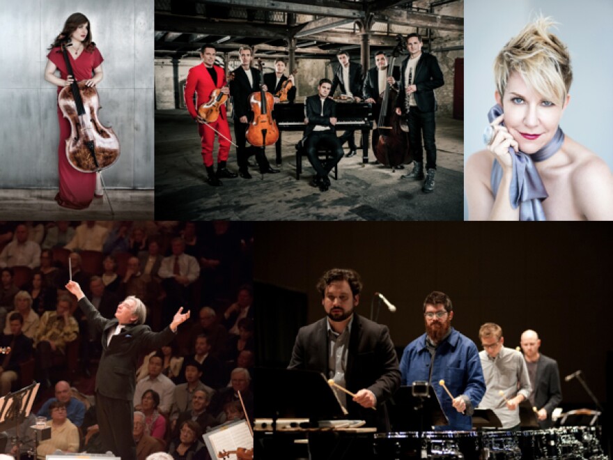 clockwise from top left: Alisa Weilerstein; Philharmonix; Joyce DiDonato; So Percussion; Michael Tilson Thomas