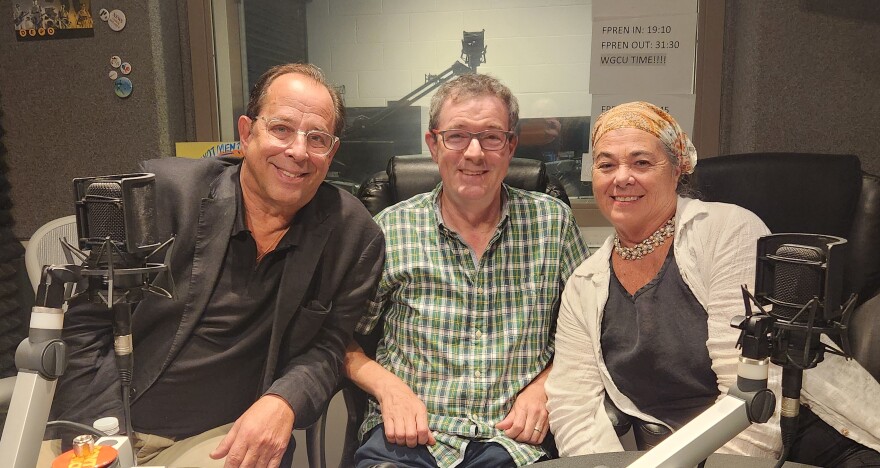 (from left) Director Robert Cacioppo and cast members Frank Blocker and Carrie Lund Cacioppo in the WGCU talk studio talking about Players Circle Theater's season-opening production of Neil Simon's "Rumors."