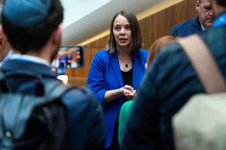 Maine Secretary of State Shenna Bellows, a Democrat from Maine, speaks with reporters during the National Associate of Secretaries of State Conference in Washington, Friday, Jan. 30, 2026. (Cliff Owen/AP)