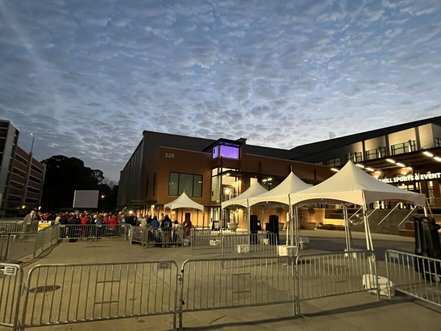 Supporters wait outside of the Rock Hill Sports and Event Center hours before President Donald Trump is set to take the stage in support of Sen. Darline Graham on Thursday Oct. 29, 2026.