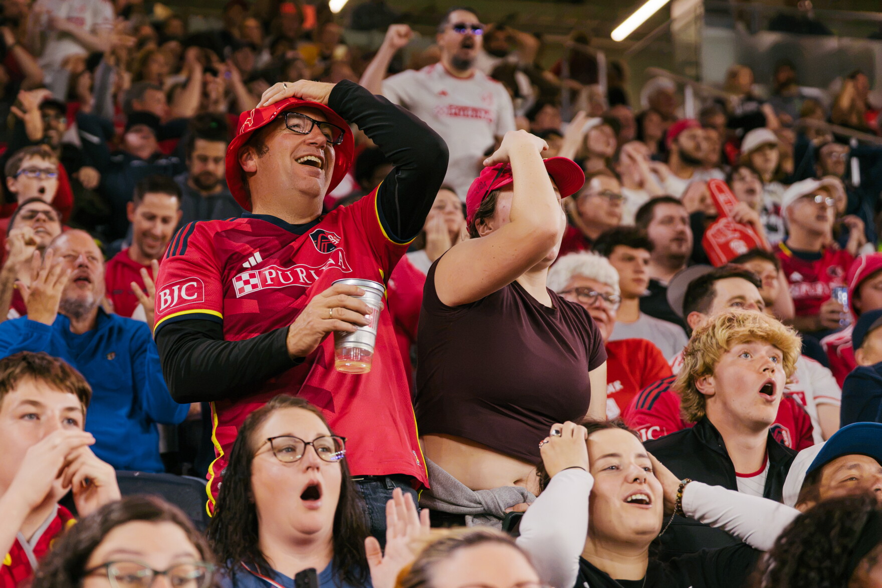 St. Louis City SC supporters react to a play during a match against the Portland Timbers on Wednesday, Oct. 28, 2026, at Energizer Park in St. Louis’ Downtown West neighborhood.