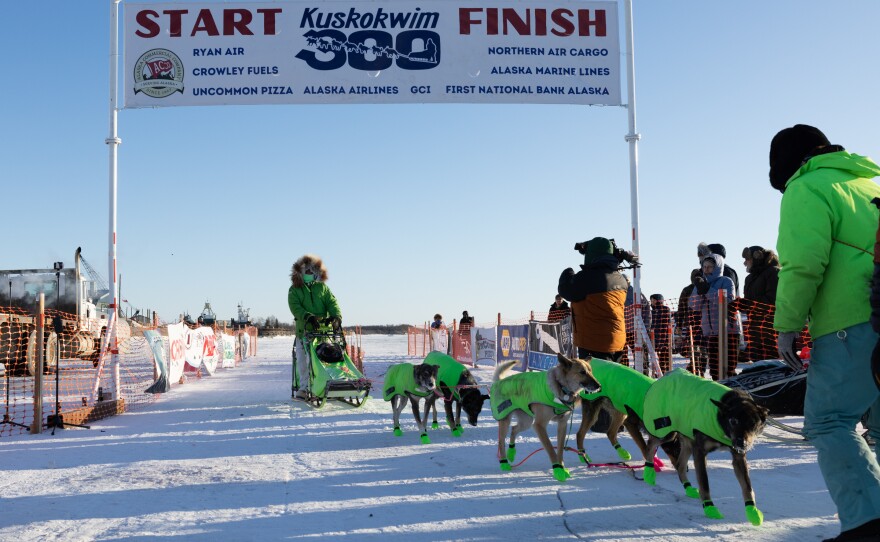 Ryan Redington crosses the finish line in 7th place in the Kuskokwim 300 Sled Dog Race. January 28, 2024.