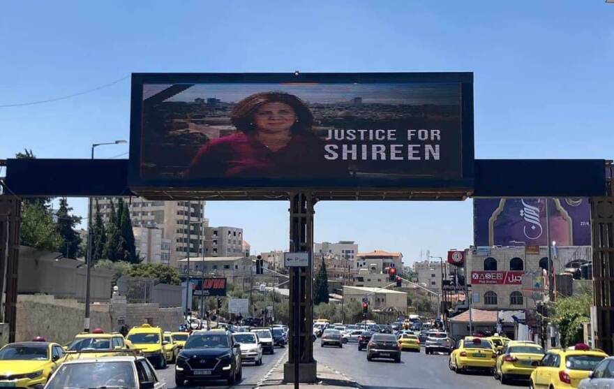 BILLBOARD IN BETHLEHEM AHEAD OF BIDEN VISIT DEMANDING JUSTICE FOR SHIREEN ABU AKLEH. FROM SALEM BARAHMEH’S TWITTER FEED, JULY 13, 2022.