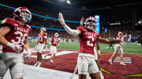 Indiana wide receiver Makai Jackson (2) celebrates a touchdown during the second half of the Peach Bowl NCAA college football playoff semifinal against Oregon, Friday, Jan. 9, 2026, in Atlanta.