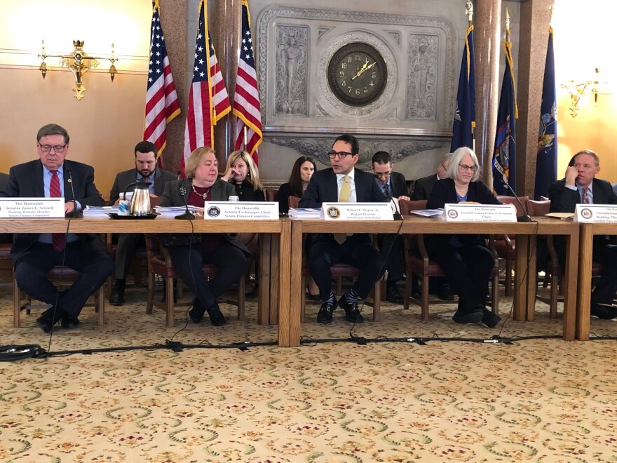 Governor Cuomo's budget director Robert Mujica, center, meets with legislative fiscal chairs on revenue estimates for the 2019 budget. Senate Finance Chair Liz Krueger is at his left, Assembly Ways and Means Chair Helene Weinstein is on the right
