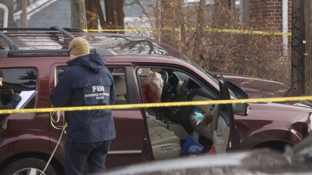 The crashed SUV after an ICE agent shot a driver at point-blank range through the window Jan. 7, 2026, in Minneapolis. The driver died, according to the Department of Homeland Security.