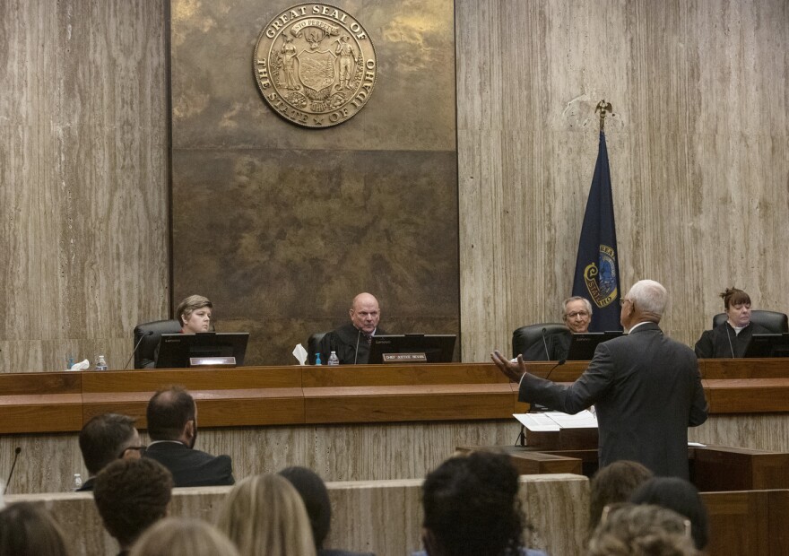 Monte Neil Stewart of Las Vegas, representing the Idaho State Legislature, speaks to the Supreme Court regarding proceedings for two lawsuits pertaining to Idaho abortion laws on Wednesday, Aug. 3, 2022 in Boise. The lawsuits affect the state trigger law and the law allowing people to sue abortion providers.