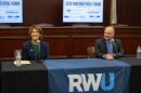 Democratic candidate Helena Foulkes, left, and independent candidate Ken Block, right, tackled housing, healthcare and infrastructure at the Sept. 30 gubernatorial forum. Credit: Rose Wheeler/Ocean State Media