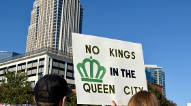 Protesters filled First Ward Park in uptown Charlotte on Saturday, Oct. 18, 2025 for the city's second "No Kings Day" protest.