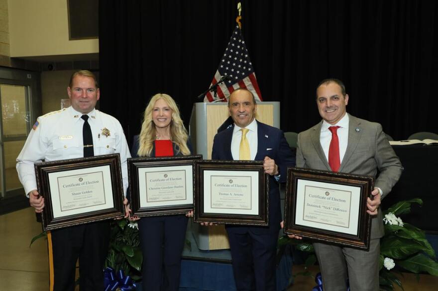 FREEHOLD, NJ – (L-R) Monmouth County Sheriff Shaun Golden, Monmouth County Clerk Christine Giordano Hanlon, Monmouth County Commissioner Director Thomas A. Arnone and Monmouth County Commissioner Deputy Director Dominick “Nick” DiRocco received their Certificate of Election during the County’s Organization ceremony on Jan. 6.