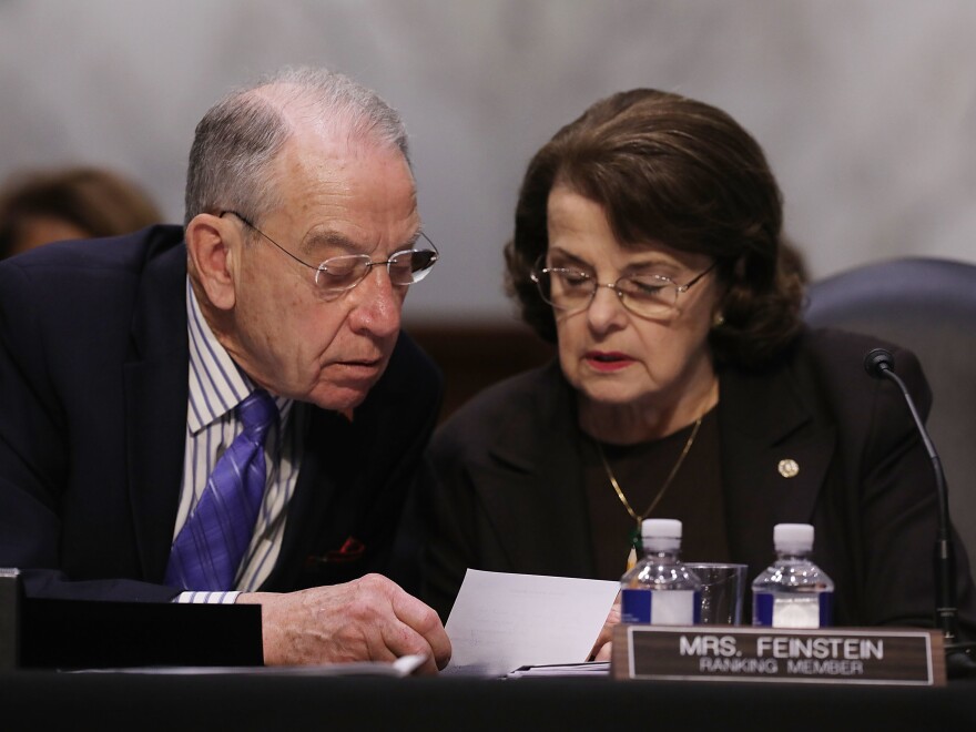 Senate Judiciary Committee Chairman Charles Grassley, R-Iowa, and ranking member Dianne Feinstein, D-Calif., participate in an executive business meeting in April. A party-line vote by the committee on Thursday advanced the judicial nomination of Brett Talley despite his lack of trial experience.