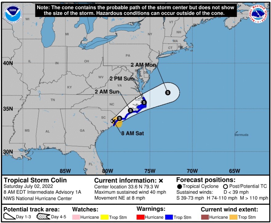 The National Weather Service advisory for Tropical Storm Colin at 8 a.m. on July 2
