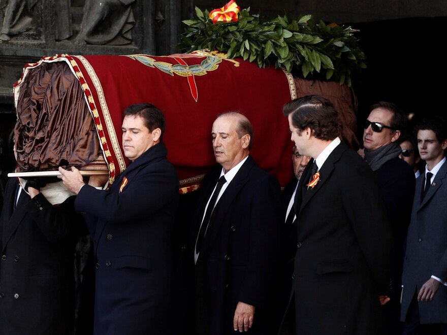 Francisco Franco, Spain's fascist dictator, who died in 1975, being exhumed from his purpose-built mausoleum, the Valley of the Fallen. His remains are being transferred to the crypt in Mingorrubio state cemetery where his wife is buried.