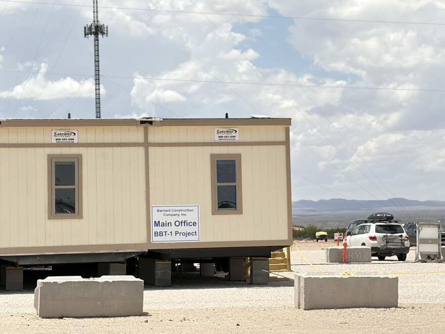 A Barnard Construction staging site in Hudspeth County, Texas pictured in June 2026. Barnard is one of three companies awarded millions of dollars in federal contracts for border wall building in the Big Bend region.