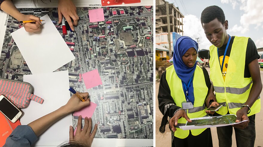 Left: Volunteers take part in a "mapathon" organized by the Humanitarian OpenStreetMap Team. Right: OpenStreetMap contributors pinpoint dump sites along rivers and waterways in Dar es Salaam in an effort to predict and prevent flooding in the Tanzanian city.