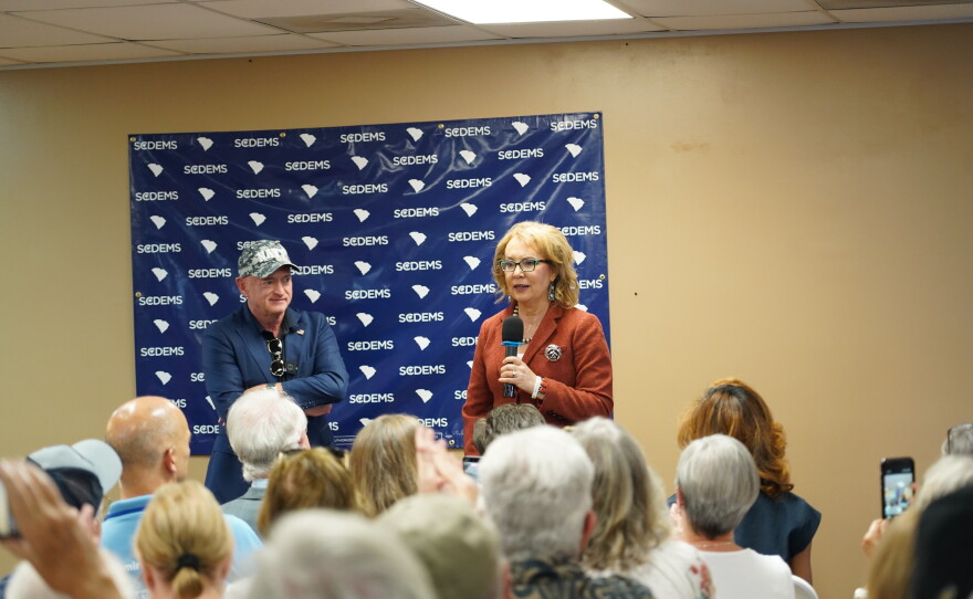 Possible 2028 Democratic presidential candidate Arizona U.S. Sen. Mark Kelly and his wife, Gabby Giffords, spoke with voters in Mauldin, S.C., on Friday, Oct. 2, 2026.