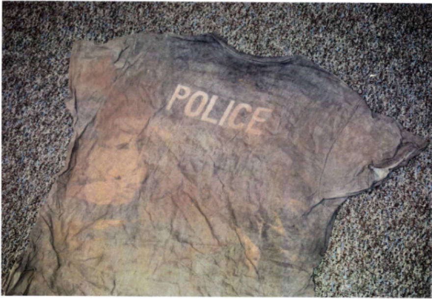 The fake police t-shirt Hardin made with prison materials.