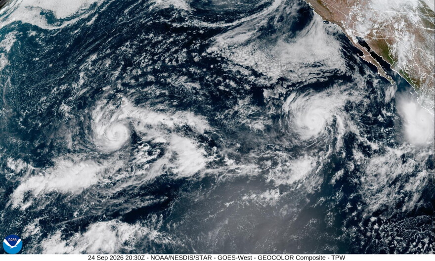 A satellite image shows Tropical Storm Nolo near the Hawaiian Islands midday on Thursday, Sept. 24, 2026.