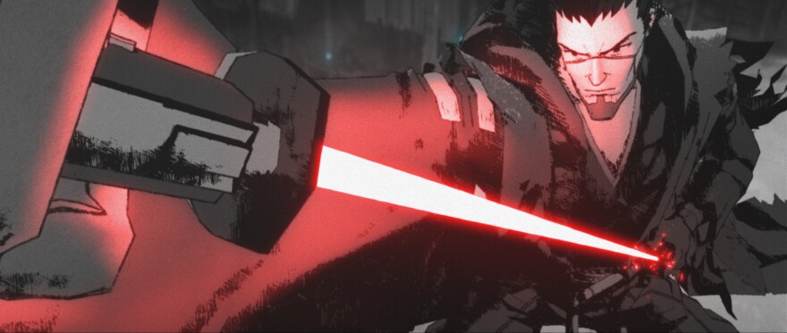 Ronin (voiced by Masaki Terasoma in Japanese and Brian Tee in the English dub) in a scene from the <em>Star Wars: Visions </em>episode "The Duel."