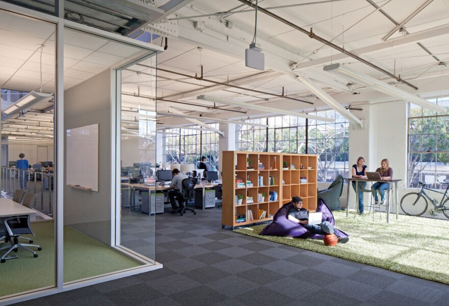 A "shared" workspace at the Atlassian office. The company installed heat and motion sensors to track when and how often every desk, room and table was used.