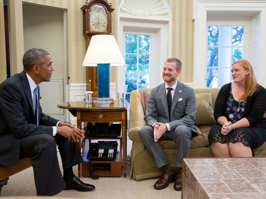 President Obama meets with Dr. Kent Brantly and his wife, Amber, during an Oval Office visit on Sept. 16.