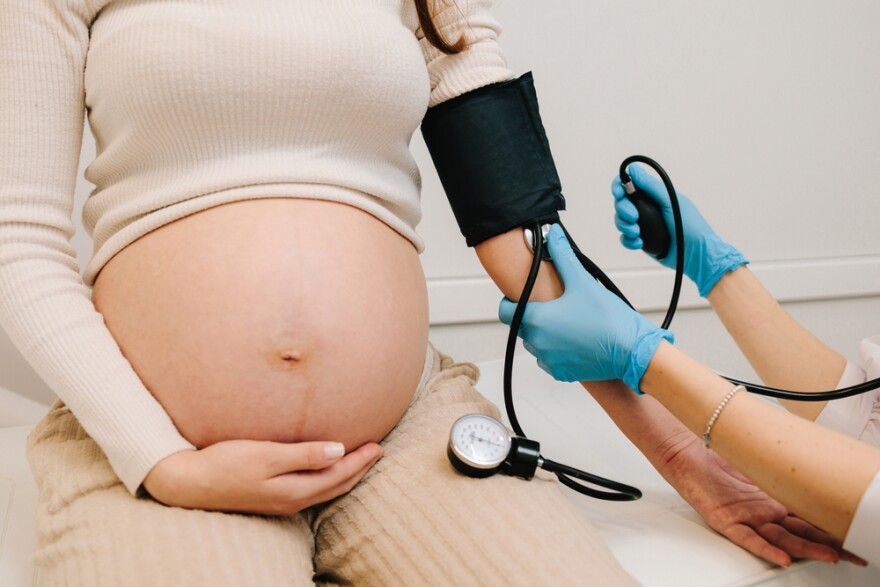 Gynecologist measures blood pressure for pregnant patient in the maternity center.
