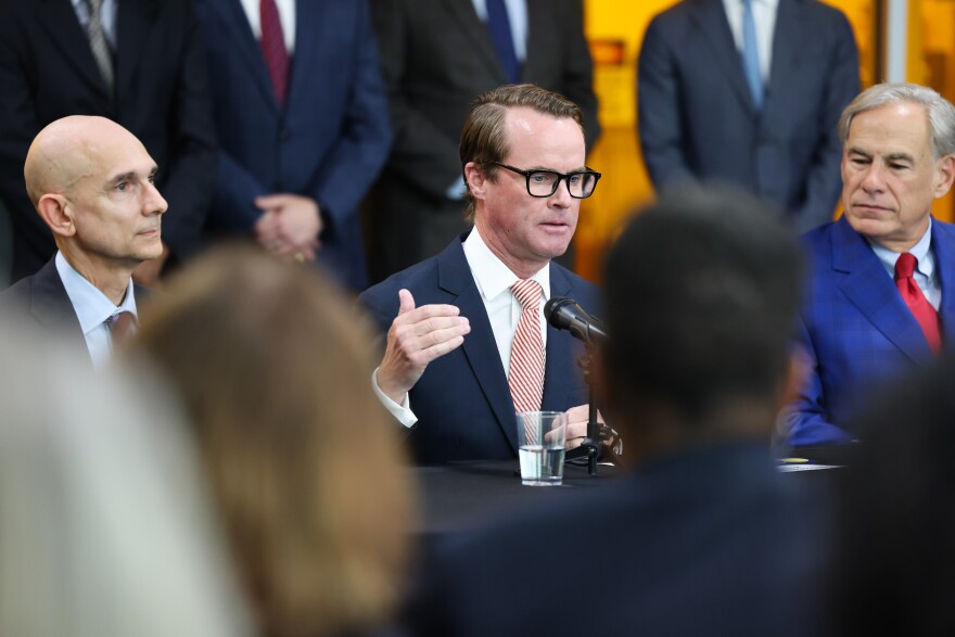 House Speaker Dade Phelan talks about the Texas Semiconductor Innovation Consortium during a press conference Tuesday, March 19, 2024, at University of Texas in Dallas. 